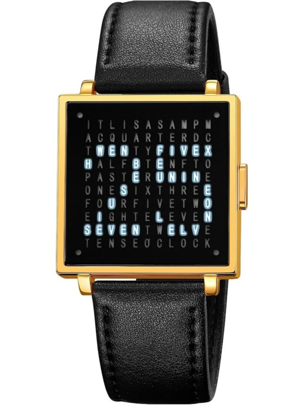 Men's Black Gold Analog Leather Multifunctional Waterproof Square Wrist Watch
